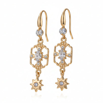 White Crystal & Cubic Zirconia Goldtone Scalloped Edge Starburst Hook Earrings