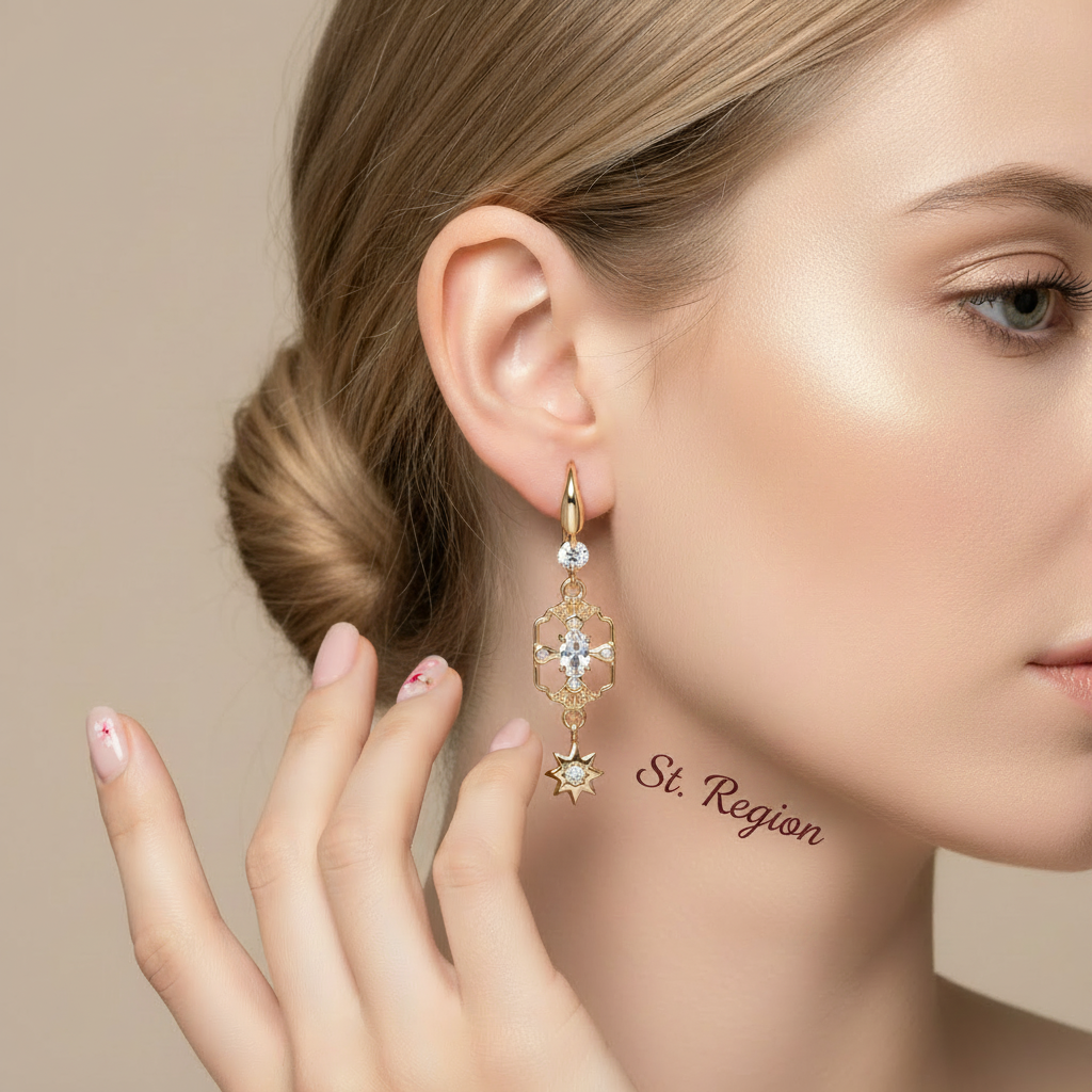 White Crystal & Cubic Zirconia Goldtone Scalloped Edge Starburst Hook Earrings