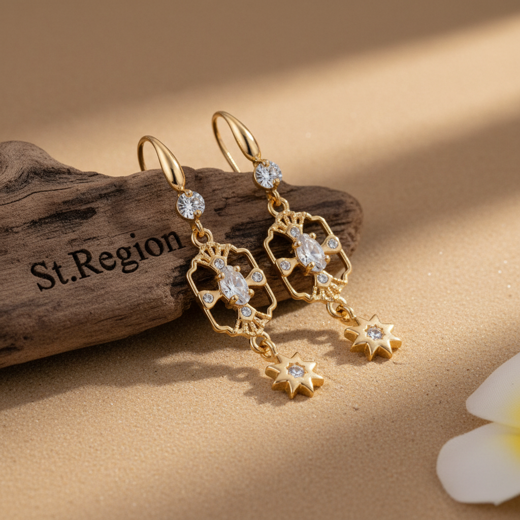 White Crystal & Cubic Zirconia Goldtone Scalloped Edge Starburst Hook Earrings