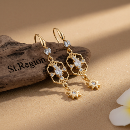 White Crystal & Cubic Zirconia Goldtone Scalloped Edge Starburst Hook Earrings