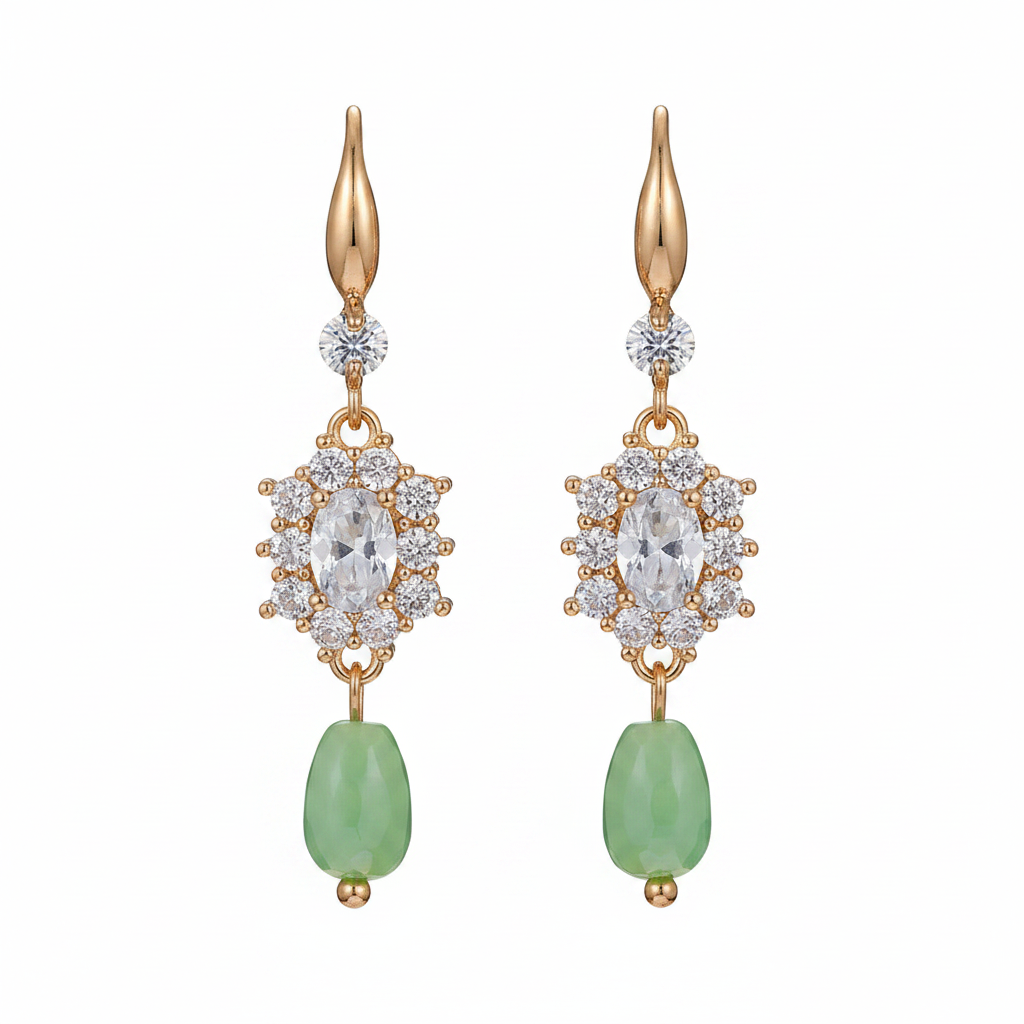 Crystal & Green Resin Cubic Zirconia Goldtone Oval Flower Drop Earrings