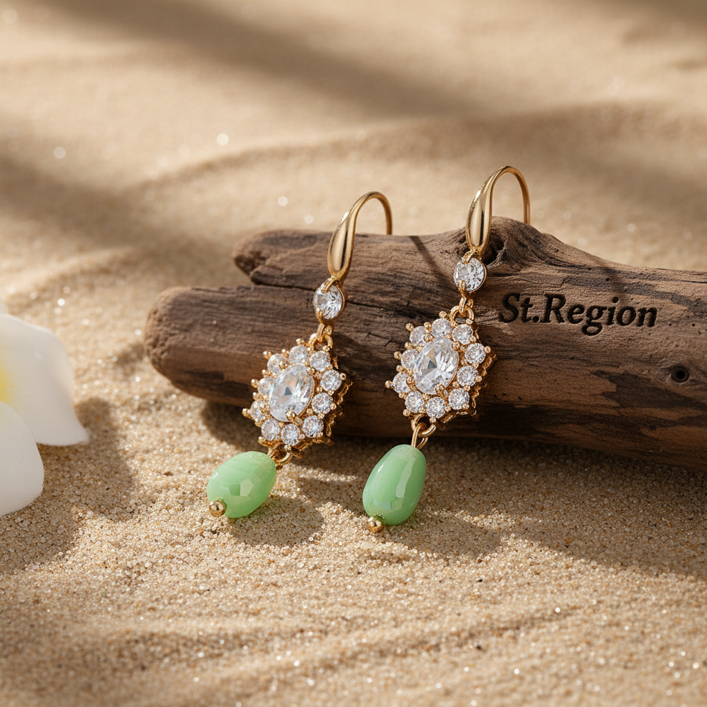 Crystal & Green Resin Cubic Zirconia Goldtone Oval Flower Drop Earrings
