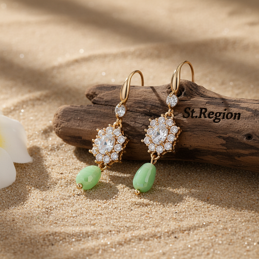 Crystal & Green Resin Cubic Zirconia Goldtone Oval Flower Drop Earrings