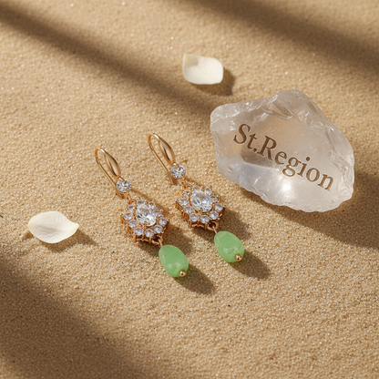 Crystal & Green Resin Cubic Zirconia Goldtone Oval Flower Drop Earrings