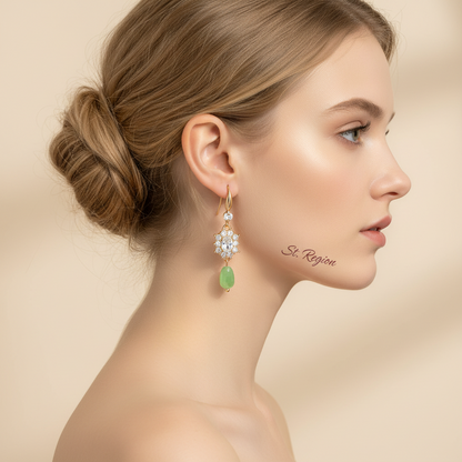 Crystal & Green Resin Cubic Zirconia Goldtone Oval Flower Drop Earrings