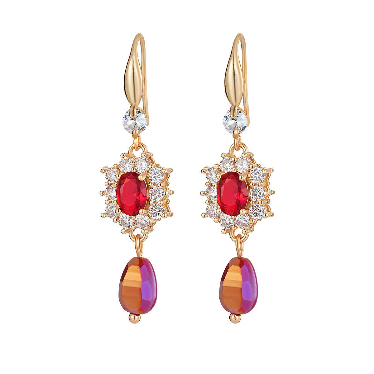 Red Crystal & Resin Cubic Zirconia Goldtone Oval Flower Drop Earrings