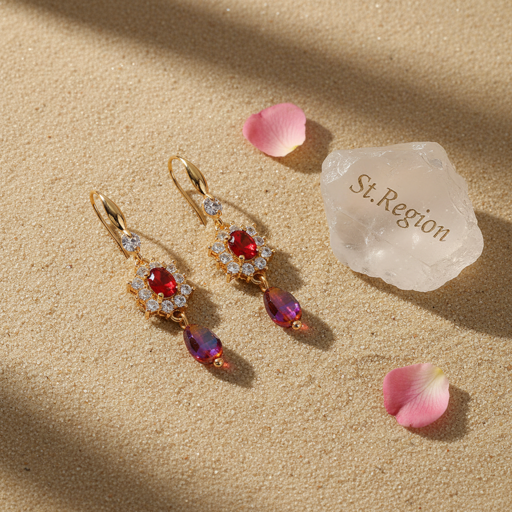 Red Crystal & Resin Cubic Zirconia Goldtone Oval Flower Drop Earrings