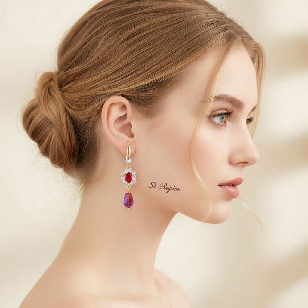 Red Crystal & Resin Cubic Zirconia Goldtone Oval Flower Drop Earrings