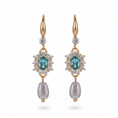 Sea Blue Crystal & Resin Cubic Zirconia Goldtone Oval Flower Drop Earrings