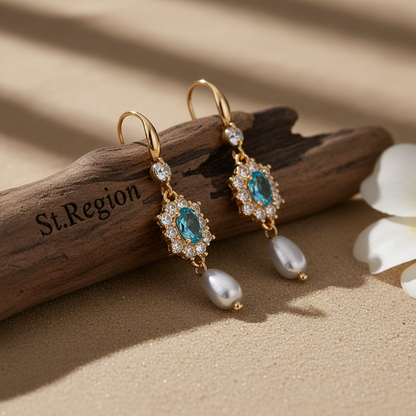 Sea Blue Crystal & Resin Cubic Zirconia Goldtone Oval Flower Drop Earrings