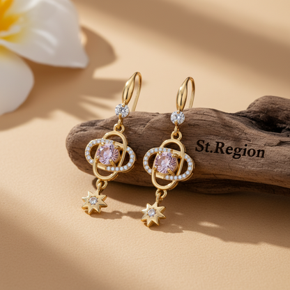 Pink Crystal & Cubic Zirconia Goldtone Planet Starburst Hook Earrings