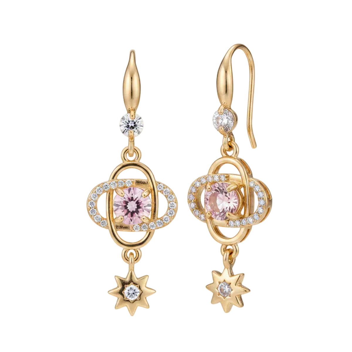Pink Crystal & Cubic Zirconia Goldtone Planet Starburst Hook Earrings
