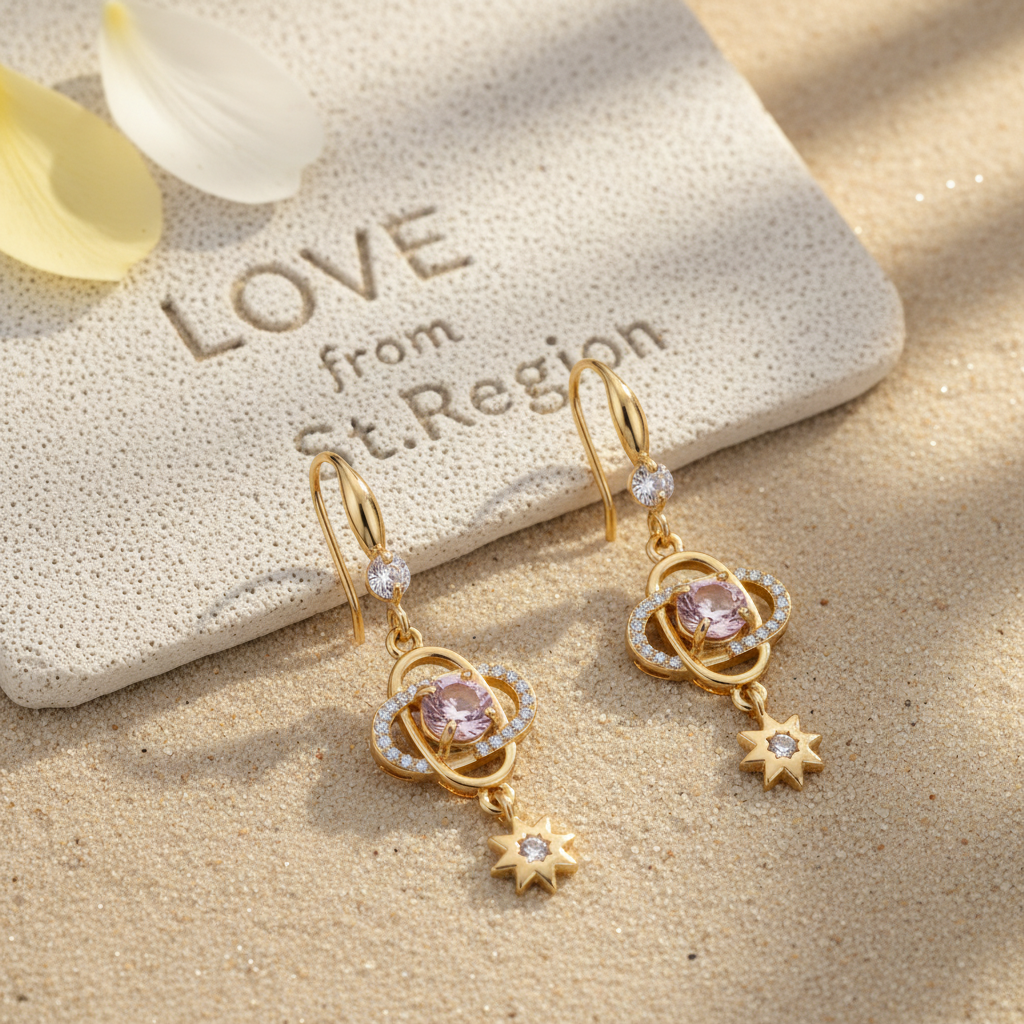 Pink Crystal & Cubic Zirconia Goldtone Planet Starburst Hook Earrings