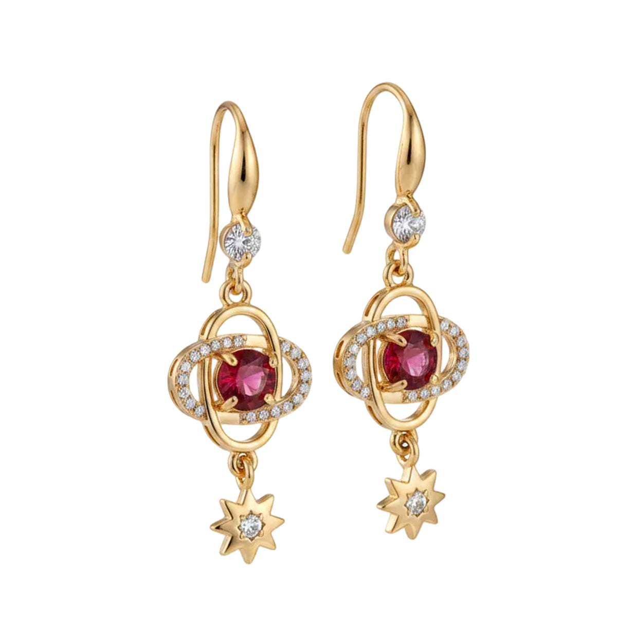 Red Crystal & Cubic Zirconia Goldtone Planet Starburst Hook Earrings