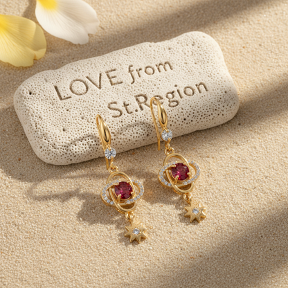 Red Crystal & Cubic Zirconia Goldtone Planet Starburst Hook Earrings