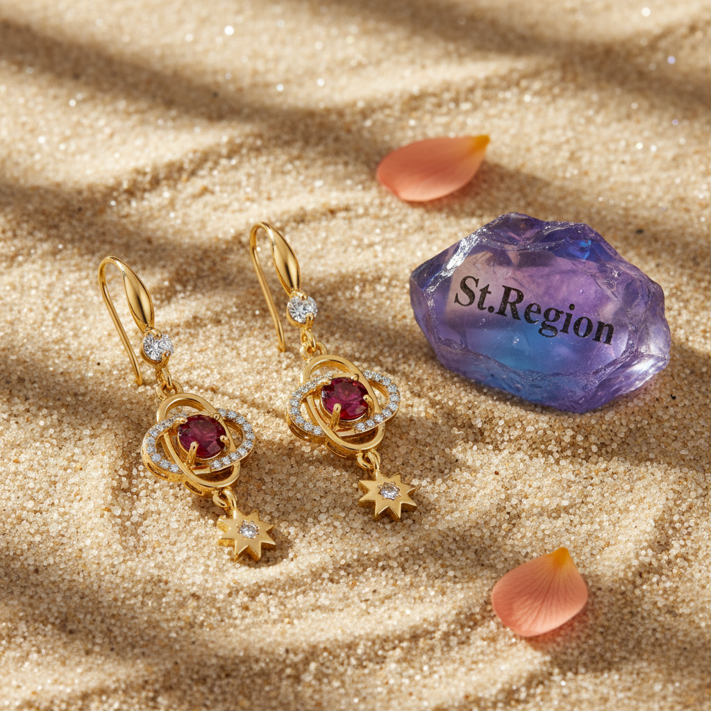 Red Crystal & Cubic Zirconia Goldtone Planet Starburst Hook Earrings