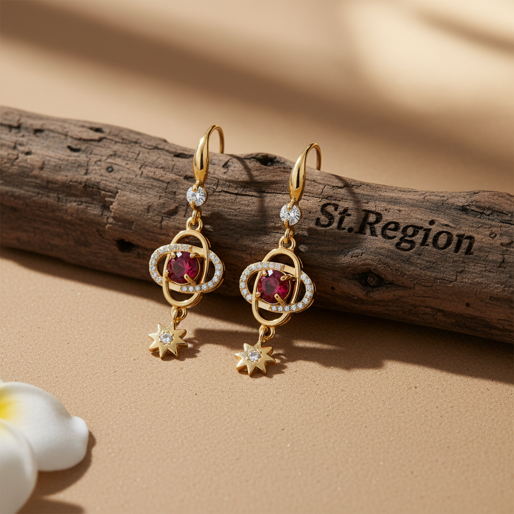 Red Crystal & Cubic Zirconia Goldtone Planet Starburst Hook Earrings