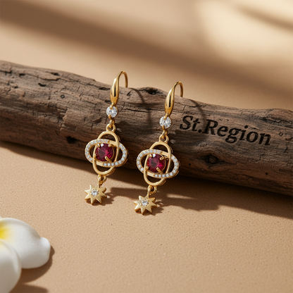 Red Crystal & Cubic Zirconia Goldtone Planet Starburst Hook Earrings