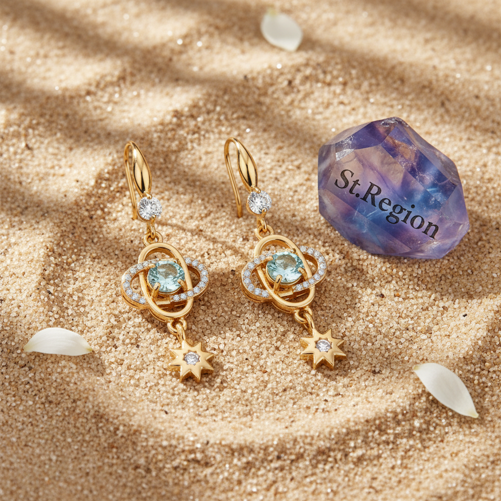 Sea Blue Crystal & Cubic Zirconia Goldtone Planet Starburst Hook Earrings