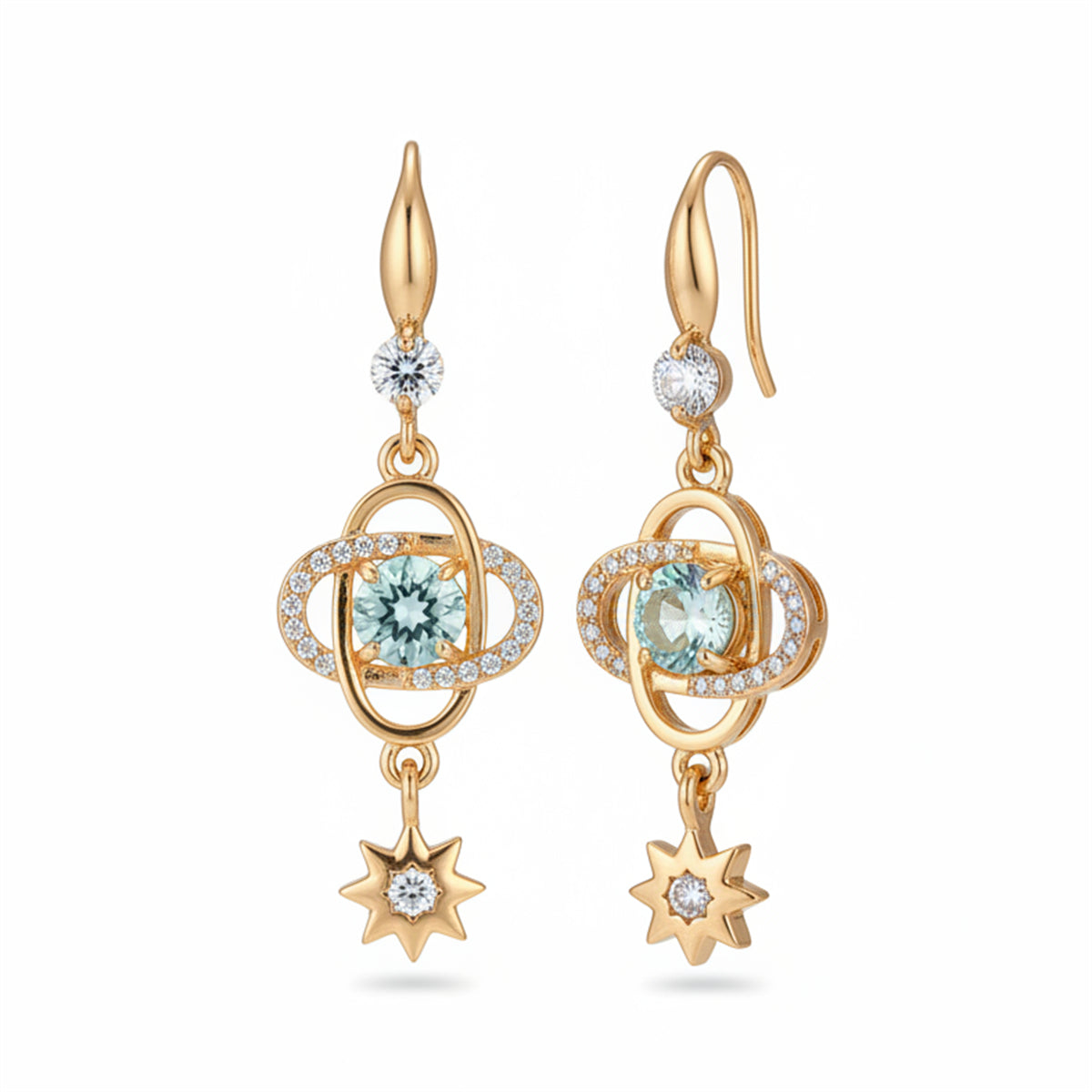Sea Blue Crystal & Cubic Zirconia Goldtone Planet Starburst Hook Earrings