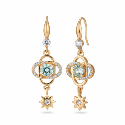 Sea Blue Crystal & Cubic Zirconia Goldtone Planet Starburst Hook Earrings
