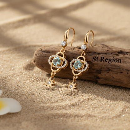 Sea Blue Crystal & Cubic Zirconia Goldtone Planet Starburst Hook Earrings