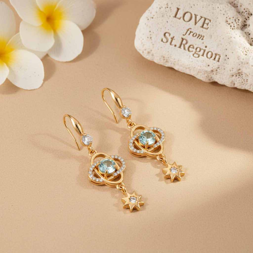 Sea Blue Crystal & Cubic Zirconia Goldtone Planet Starburst Hook Earrings