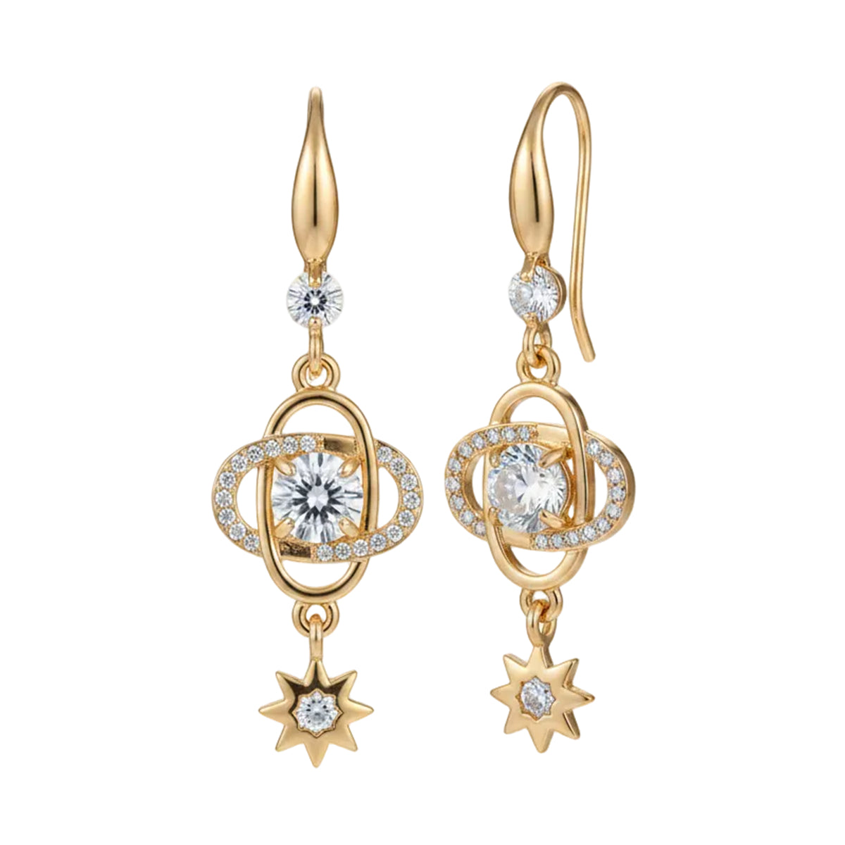 White Crystal & Cubic Zirconia Goldtone Planet Starburst Hook Earrings