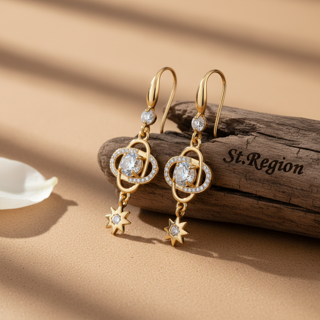 White Crystal & Cubic Zirconia Goldtone Planet Starburst Hook Earrings