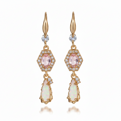 Pink Crystal & Jade Cubic Zirconia Goldtone Hexagon Drop Earrings