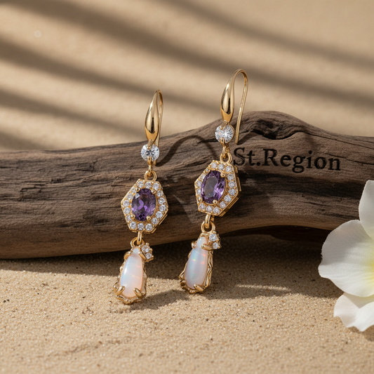 Purple Crystal & Jade Cubic Zirconia Goldtone Hexagon Drop Earrings