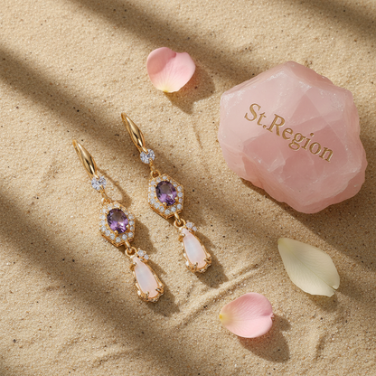 Purple Crystal & Jade Cubic Zirconia Goldtone Hexagon Drop Earrings