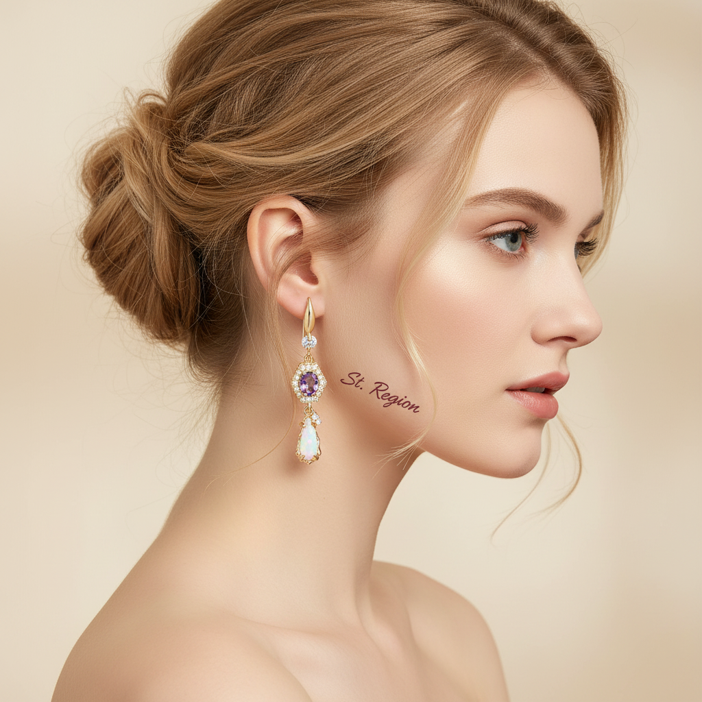 Purple Crystal & Jade Cubic Zirconia Goldtone Hexagon Drop Earrings