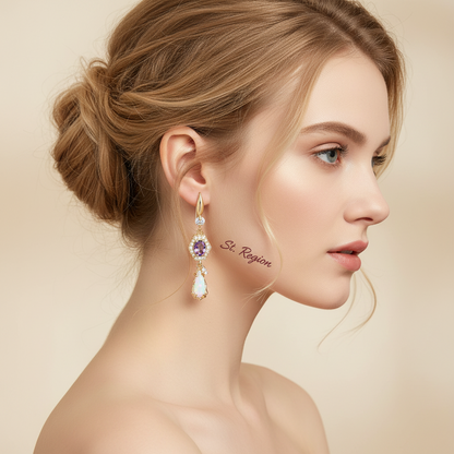 Purple Crystal & Jade Cubic Zirconia Goldtone Hexagon Drop Earrings