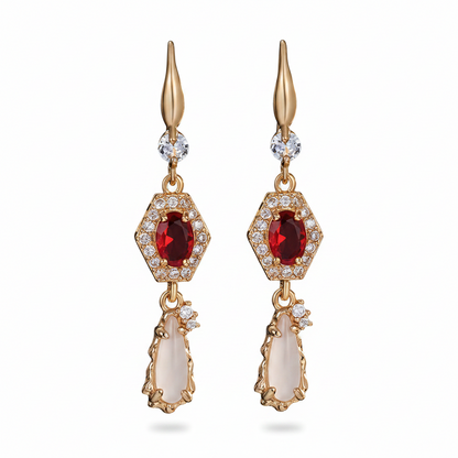 Red Crystal & Jade Cubic Zirconia Goldtone Hexagon Drop Earrings