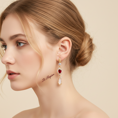 Red Crystal & Jade Cubic Zirconia Goldtone Hexagon Drop Earrings