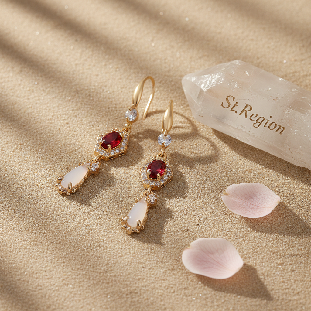 Red Crystal & Jade Cubic Zirconia Goldtone Hexagon Drop Earrings