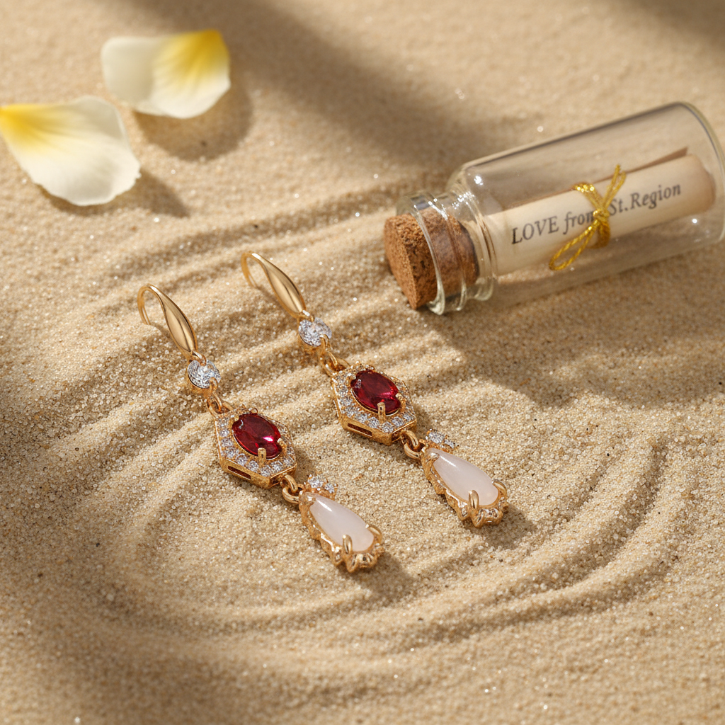 Red Crystal & Jade Cubic Zirconia Goldtone Hexagon Drop Earrings