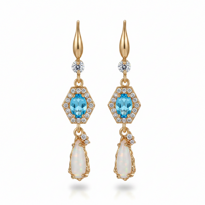 Sea Blue Crystal & Jade Cubic Zirconia Goldtone Hexagon Drop Earrings