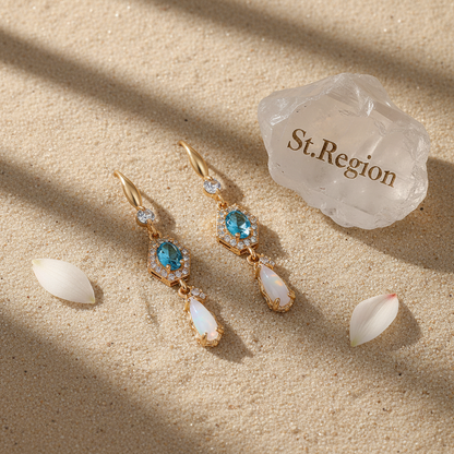 Sea Blue Crystal & Jade Cubic Zirconia Goldtone Hexagon Drop Earrings