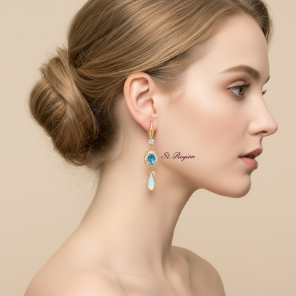 Sea Blue Crystal & Jade Cubic Zirconia Goldtone Hexagon Drop Earrings