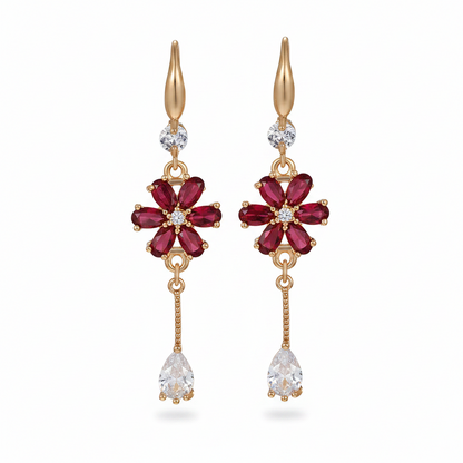 Red Crystal & Cubic Zirconia Goldtone Flower Drop Hook Earrings