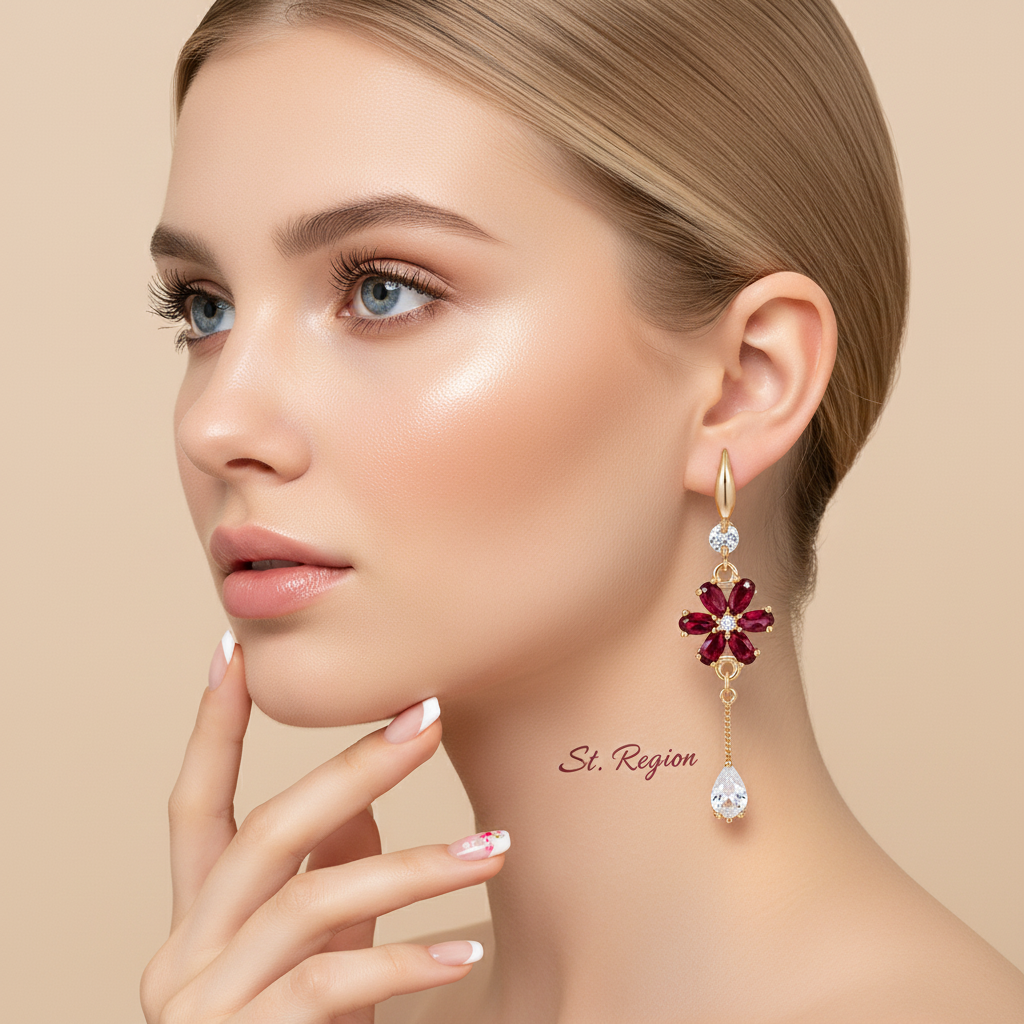 Red Crystal & Cubic Zirconia Goldtone Flower Drop Hook Earrings