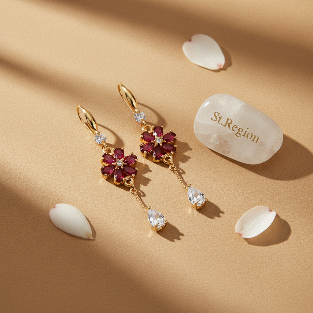 Red Crystal & Cubic Zirconia Goldtone Flower Drop Hook Earrings