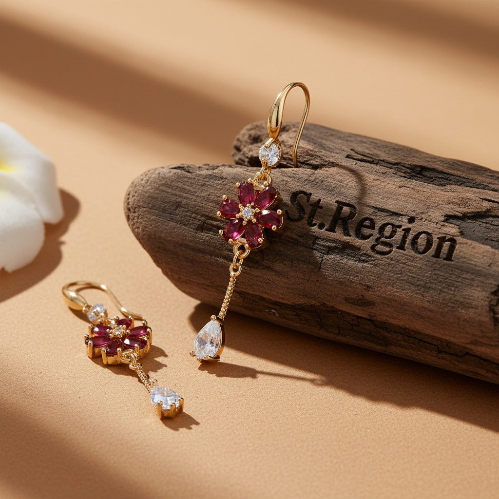 Red Crystal & Cubic Zirconia Goldtone Flower Drop Hook Earrings