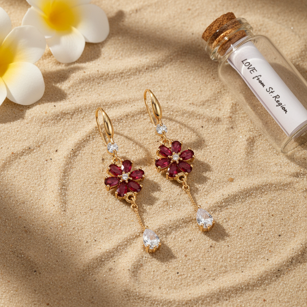 Red Crystal & Cubic Zirconia Goldtone Flower Drop Hook Earrings
