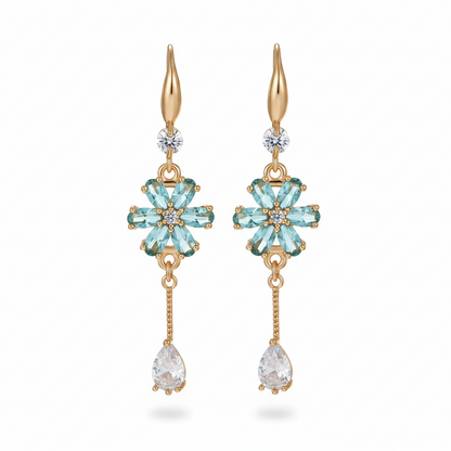 Sea Blue Crystal & Cubic Zirconia Goldtone Flower Drop Hook Earrings