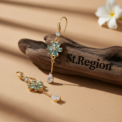 Sea Blue Crystal & Cubic Zirconia Goldtone Flower Drop Hook Earrings