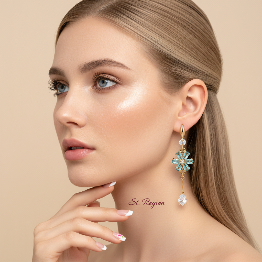 Sea Blue Crystal & Cubic Zirconia Goldtone Flower Drop Hook Earrings