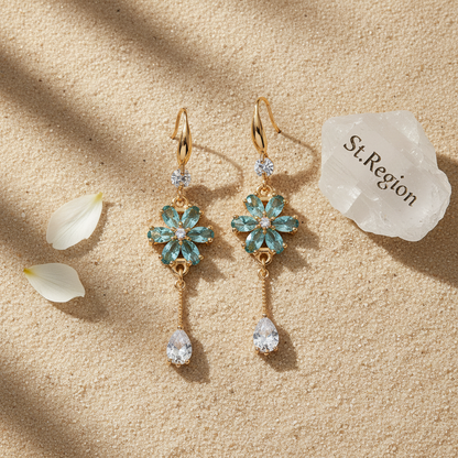 Sea Blue Crystal & Cubic Zirconia Goldtone Flower Drop Hook Earrings